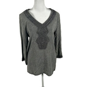 Luna Moon Gray Blouse Top Tunic 3/4 Sleeve Metallic Small Casual Embellished